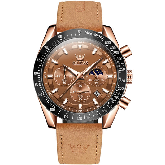 OLEVS 9957 Men Luminous Waterproof Leather Strap Quartz Watch(Coffee + Rose Gold) - Leather Strap Watches by OLEVS | Online Shopping UK | buy2fix
