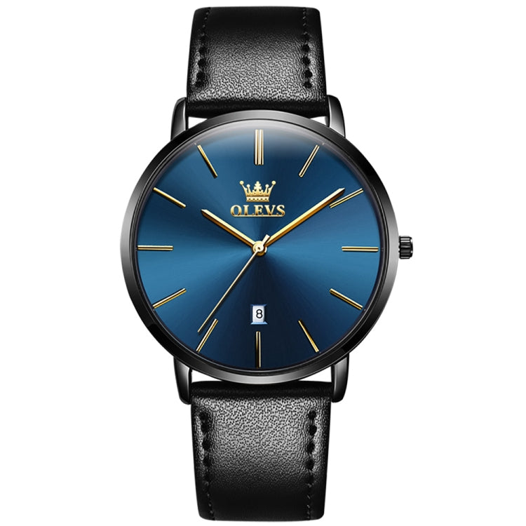 OLEVS 5869 Men Business Waterproof Genuine Leather Strap Quartz Watch(Black + Blue) - Leather Strap Watches by OLEVS | Online Shopping UK | buy2fix