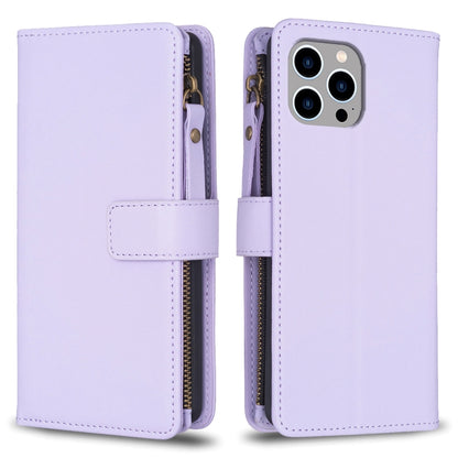 For iPhone 13 Pro Max 9 Card Slots Zipper Wallet Leather Flip Phone Case(Light Purple) - iPhone 13 Pro Max Cases by buy2fix | Online Shopping UK | buy2fix