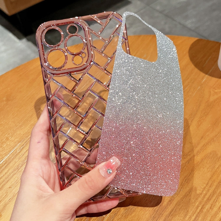 For iPhone 14 Pro Max Woven Grid 3D Electroplating Laser Engraving Glitter Paper Phone Case(Rose Gold) - iPhone 14 Pro Max Cases by buy2fix | Online Shopping UK | buy2fix