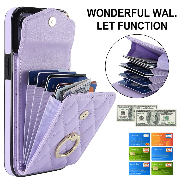 For iPhone 15 Pro Max Rhombic Texture Card Bag Phone Case with Long Lanyard(Light Purple) - iPhone 15 Pro Max Cases by buy2fix | Online Shopping UK | buy2fix