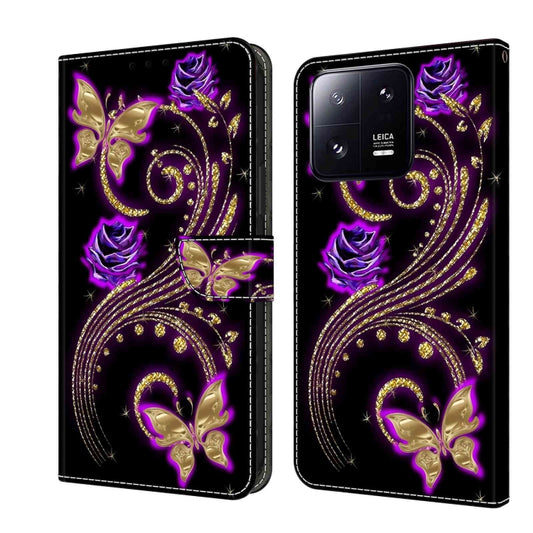 For Xiaomi 13 Pro Crystal 3D Shockproof Protective Leather Phone Case(Purple Flower Butterfly) - 13 Pro Cases by buy2fix | Online Shopping UK | buy2fix