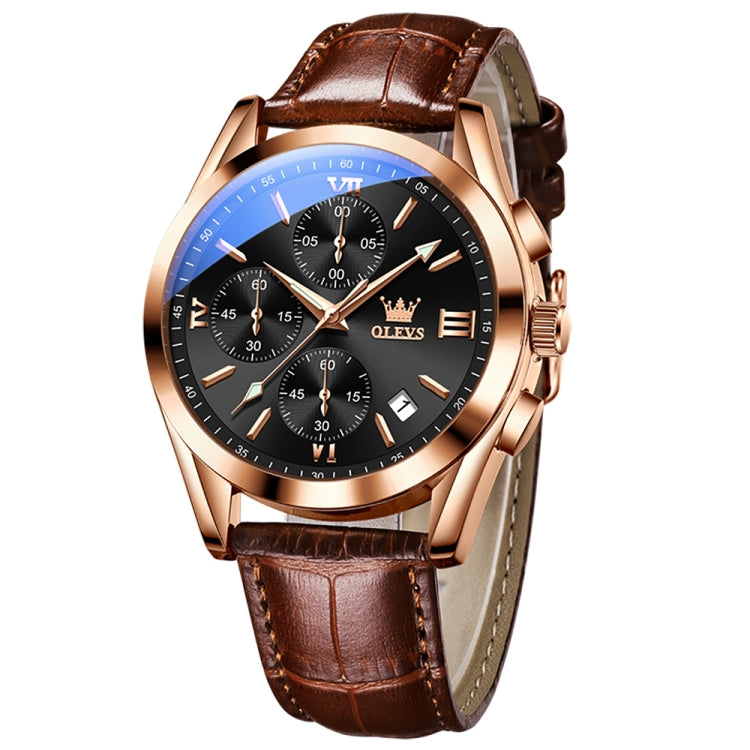 OLEVS 2872 Men Three Eyes Six Needles Chronograph Waterproof Quartz Watch(Black + Rose Gold) - Leather Strap Watches by OLEVS | Online Shopping UK | buy2fix