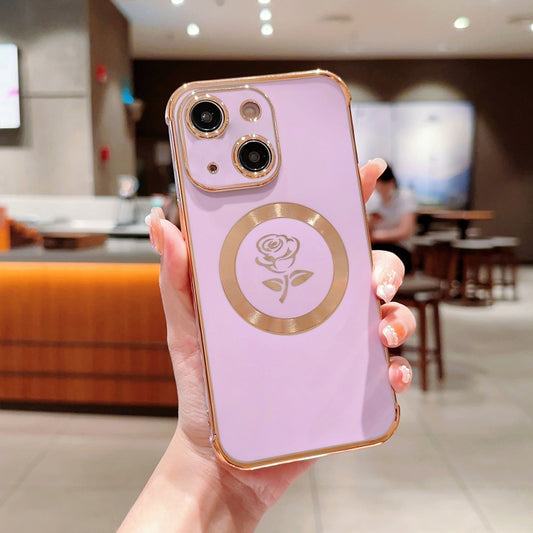 For iPhone 15 Electroplate Side Roses Flower MagSafe Phone Case(Purple) - iPhone 15 Cases by buy2fix | Online Shopping UK | buy2fix