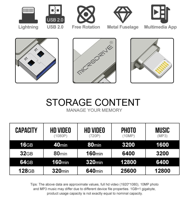 MicroDrive 2 In 1  8 Pin + USB 2.0 Portable Metal USB Flash Disk, Capacity:256GB(Silver) - USB Flash Drives by MICRODRIVE | Online Shopping UK | buy2fix