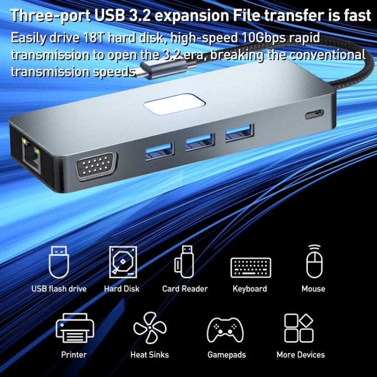 BYL-2309 Type-C to HDMI 4K 60Hz + DP HD + VGA + RJ47 + USB3.2 + Audio 3.5mm + PD100W + SD + TF Docking Station HUB - USB HUB by buy2fix | Online Shopping UK | buy2fix