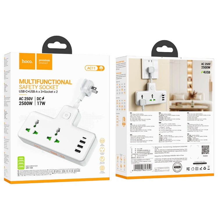 hoco AC11 Voyage 2-position Expansion Socket with USB-C+3USB Ports, Cable Length: 8.5cm, US Plug(White) - Extension Socket by hoco | Online Shopping UK | buy2fix