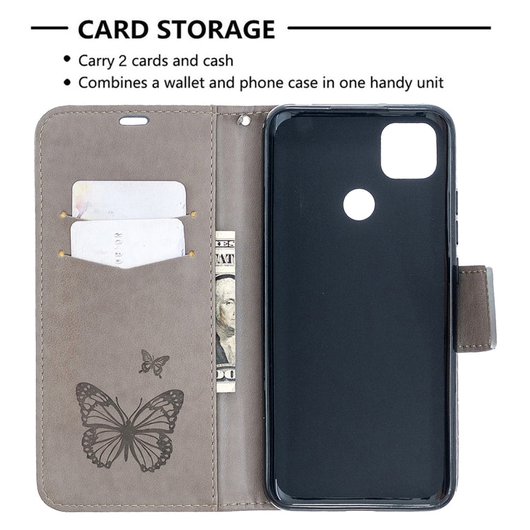 For Xiaomi Redmi 9C Two Butterflies Embossing Pattern Horizontal Flip Leather Case with Holder & Card Slot & Wallet & Lanyard(Grey) - Xiaomi Cases by buy2fix | Online Shopping UK | buy2fix