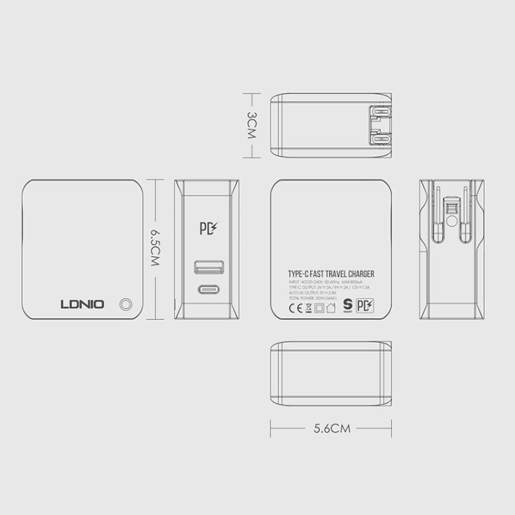 LDNIO A4403C 30W PD + Auto-id Foldable Fast Travel Charger with 1m 8 Pin Cable, EU Plug - Apple Accessories by LDNIO | Online Shopping UK | buy2fix