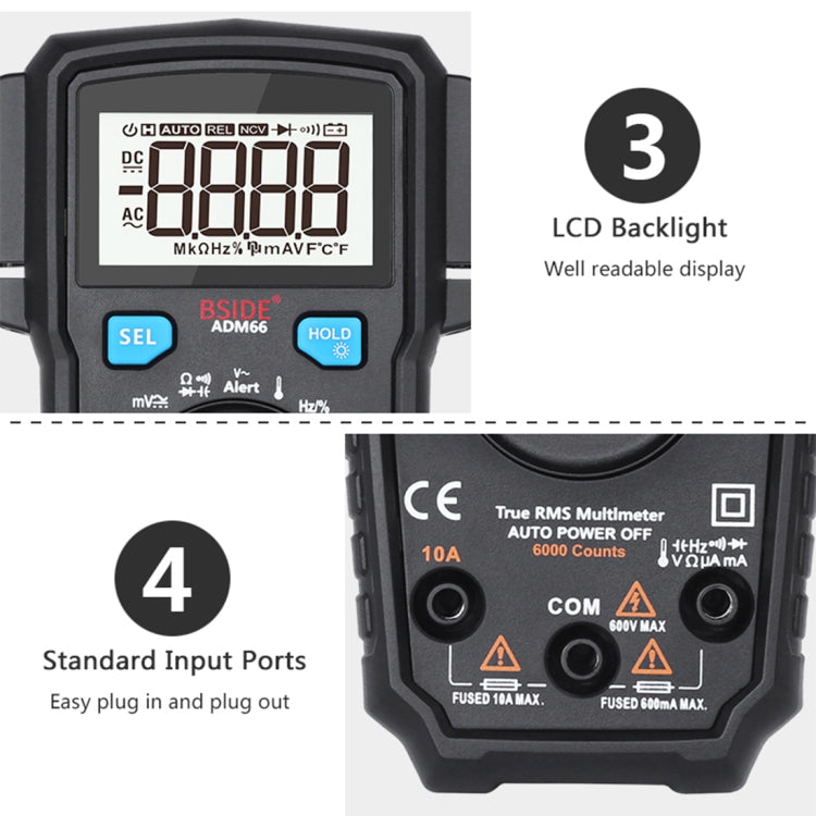 BSIDE ADM66 Handheld Household 6000 Count AC / DC Current Voltage Capacitor Automatic Range Multimeter with LCD Backlight & Card Slot Function - Digital Multimeter by BSIDE | Online Shopping UK | buy2fix