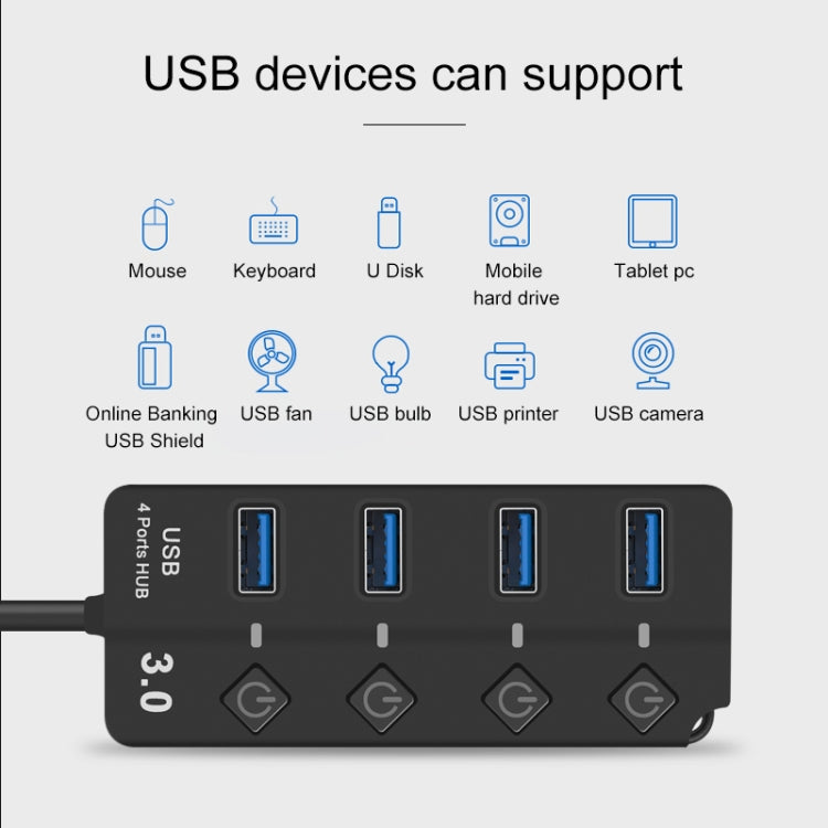 Onten 5301 USB 3.0 Male to 4 USB 2.0 Female Splitter Extender with Independent Switch -  by Onten | Online Shopping UK | buy2fix