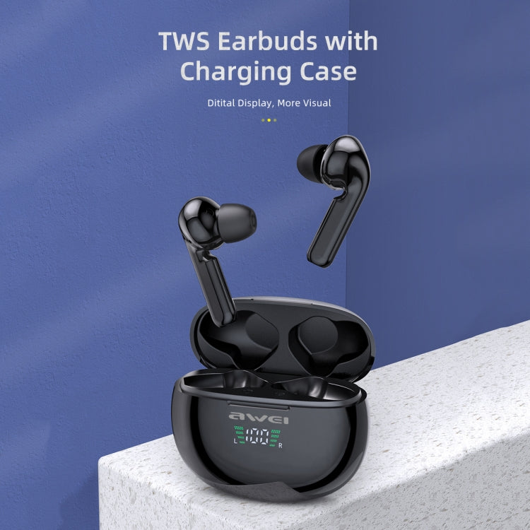 awei T15P Bluetooth V5.0 TWS Ture Wireless Sports LED Display Headset with Charging Case(Black) - TWS Earphone by awei | Online Shopping UK | buy2fix
