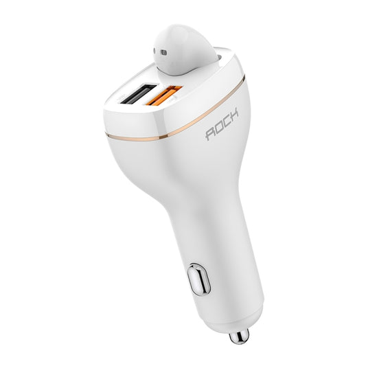 ROCK B401 2 in 1 3A USB Port Car Charger & V5.0 Bluetooth Right Ear Headset, Dual USB Interface, Support Hands-free Call(White) - Bluetooth Earphone by ROCK | Online Shopping UK | buy2fix