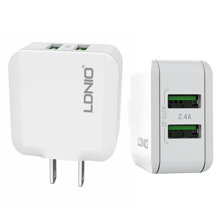 LDNIO A2201 2.4A Dual USB Charging Head Travel Direct Charge Mobile Phone Adapter Charger With 8 Pin Data Cable (US Plug) - USB Charger by LDNIO | Online Shopping UK | buy2fix