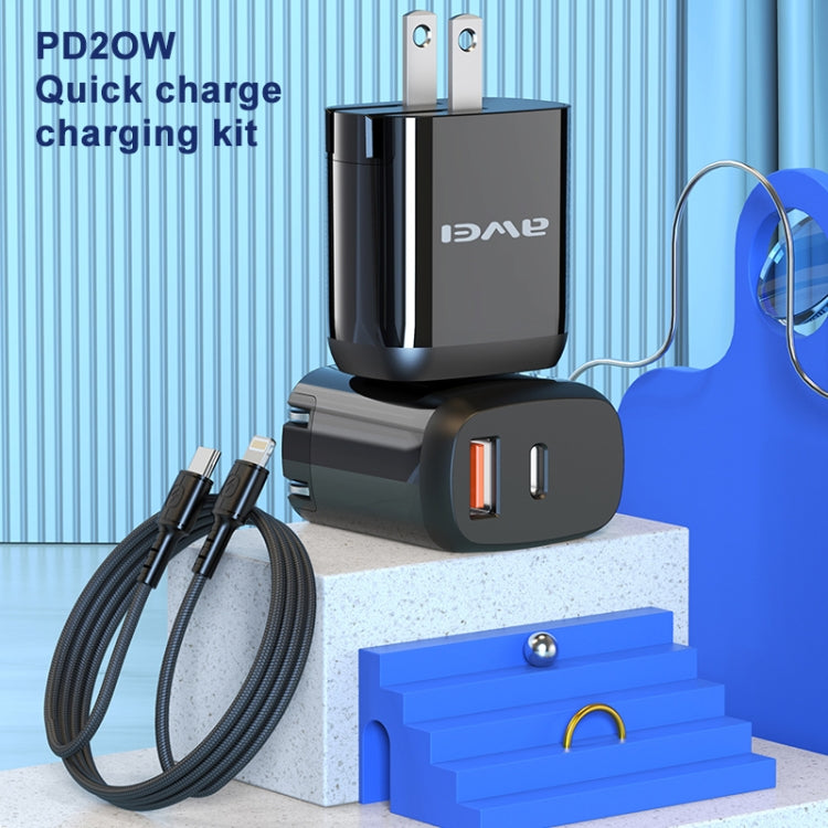 awei PD3 20W PD Type-C + QC 3.0 USB Interface Fast Charging Travel Charger with Data Cable, US Plug - Apple Accessories by awei | Online Shopping UK | buy2fix