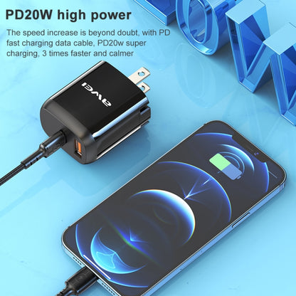 awei PD3 20W PD Type-C + QC 3.0 USB Interface Fast Charging Travel Charger with Data Cable, US Plug - Apple Accessories by awei | Online Shopping UK | buy2fix