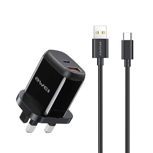 awei PD1 20W PD Type-C + QC 3.0 USB Interface Fast Charging Travel Charger with Data Cable, UK Plug - Apple Accessories by awei | Online Shopping UK | buy2fix