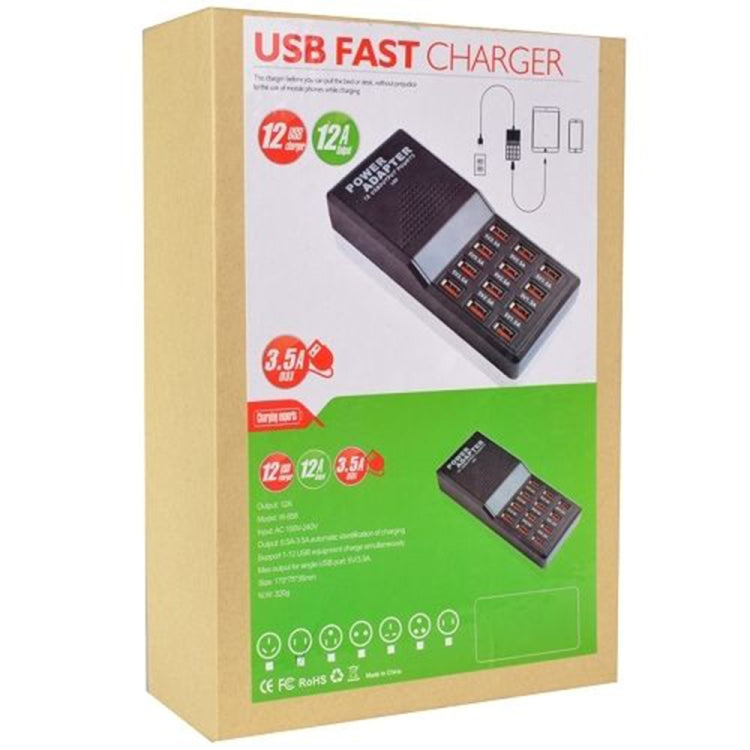 W-858 12A 12 Ports USB Fast Charging Dock Desktop Smart Charger AC100-240V, EU Plug (Black) - Multifunction Charger by buy2fix | Online Shopping UK | buy2fix