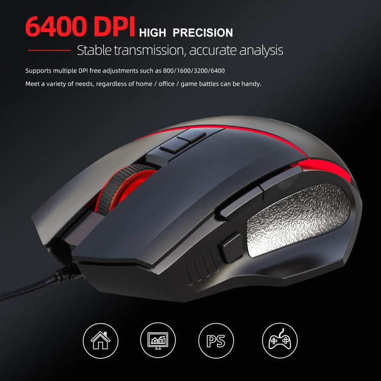 HXSJ A876 Wired Mouse Colorful Synchronous Light Emission 6400dpi Adjustable Light Gaming Mouse, Length: 150cm - Wired Mice by HXSJ | Online Shopping UK | buy2fix