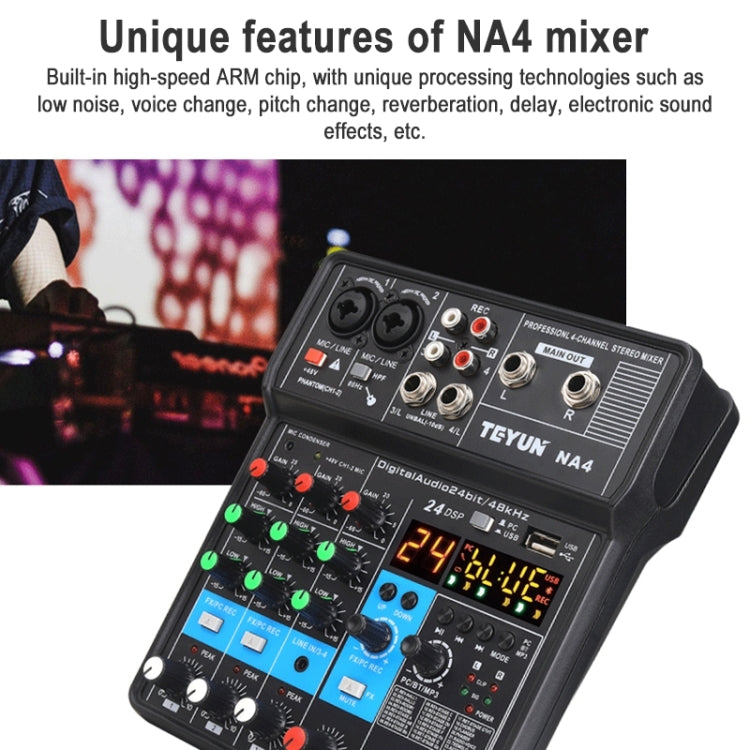 TEYUN NA4 4-channel Small Mixing Console Mobile Phone Sound Card Live Broadcast Computer Recording Console Processor, US Plug(Black) - Consumer Electronics by TEYUN | Online Shopping UK | buy2fix