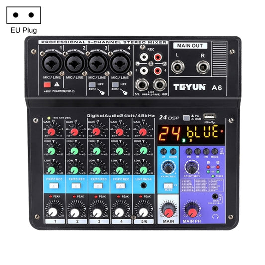 TEYUN NA6 6-channel Small Mixing Console Mobile Phone Sound Card Live Broadcast Computer Recording Console Processor, EU Plug(Black) - Consumer Electronics by TEYUN | Online Shopping UK | buy2fix