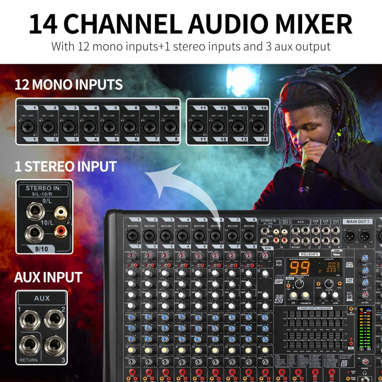 XTUGA B1404FX 14 Channels Bluetooth Audio Mixer Digital DJ Controller Sound Mixing Console (UK Plug) - Live Sound Effects Processors by XTUGA | Online Shopping UK | buy2fix