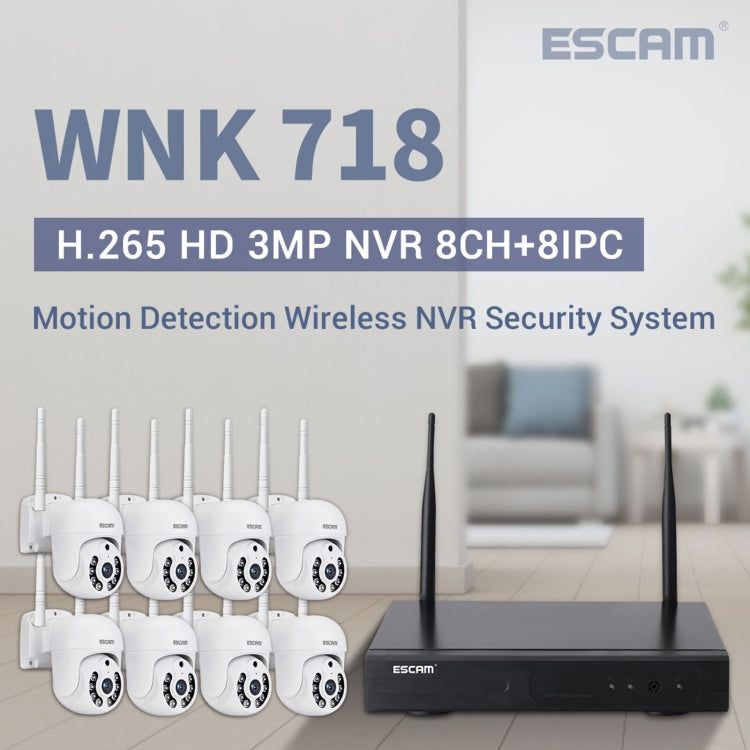 ESCAM WNK718 HD 3.0 Million Pixels 8-channel Wireless + 8IPC Wireless NVR Security System, EU Plug - Dome Camera by ESCAM | Online Shopping UK | buy2fix