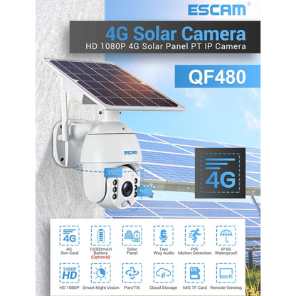 ESCAM QF480 US Version HD 1080P IP66 Waterproof 4G Solar Panel PT IP Camera without Battery, Support Night Vision / Motion Detection / TF Card / Two Way Audio (White) - Security by ESCAM | Online Shopping UK | buy2fix