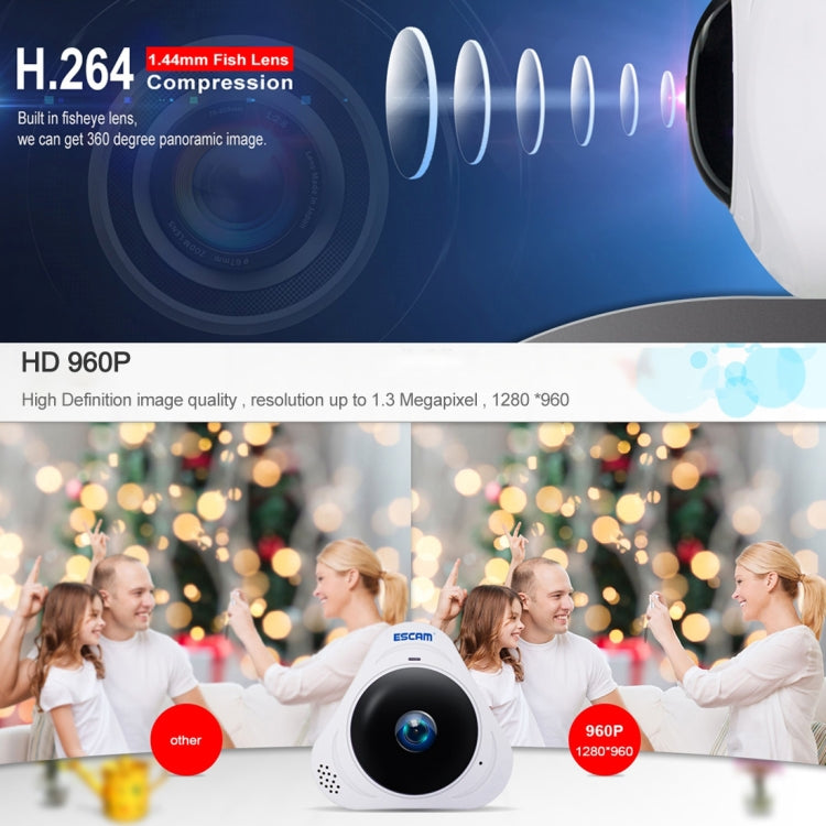 ESCAM Q8 960P 360 Degrees Fisheye Lens 1.3MP WiFi IP Camera, Support Motion Detection / Night Vision, IR Distance: 5-10m, AU Plug(White) - 360 Degree Camera by ESCAM | Online Shopping UK | buy2fix