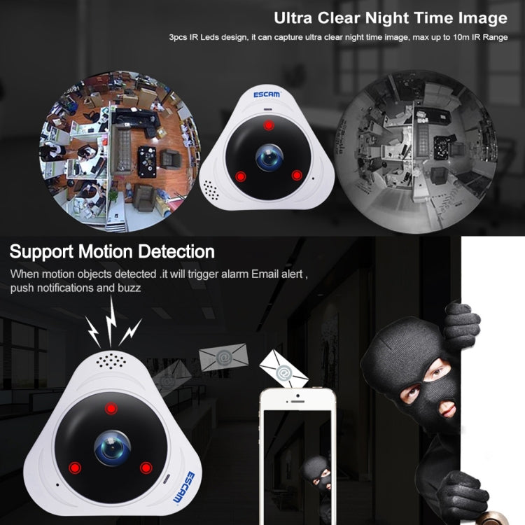 ESCAM Q8 960P 360 Degrees Fisheye Lens 1.3MP WiFi IP Camera, Support Motion Detection / Night Vision, IR Distance: 5-10m, AU Plug(White) - 360 Degree Camera by ESCAM | Online Shopping UK | buy2fix