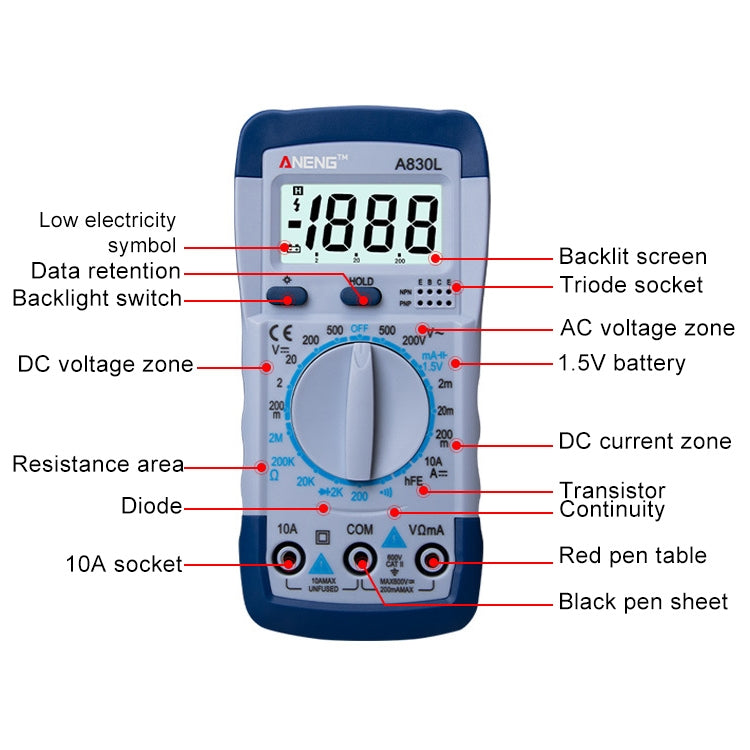 ANENG A830L Handheld Multimeter Household Electrical Instrument(Yellow Blue) - Current & Voltage Tester by ANENG | Online Shopping UK | buy2fix