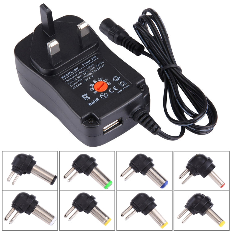 UK Plug Universal 30W Power Wall Plug-in Adapter with 5V 2.1A USB Port, Tips: 8 PCS, Cable Length: About 1.2m - AC Adapers by buy2fix | Online Shopping UK | buy2fix