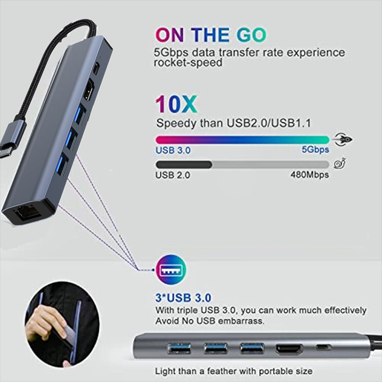 BYL-2210 6 in 1 USB-C / Type-C to USB Multifunctional Docking Station HUB Adapter with 1000M Network Port - Computer & Networking by buy2fix | Online Shopping UK | buy2fix