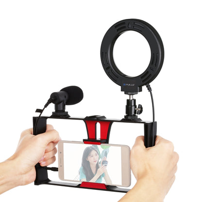 PULUZ 3 in 1 Vlogging Live Broadcast Smartphone Video Rig + Microphone +  4.7 inch 12cm Ring LED Selfie Light Kits with Cold Shoe Tripod Head for iPhone, Galaxy, Huawei, Xiaomi, HTC, LG, Google, and Other Smartphones(Red) - Camera Accessories by PULUZ | Online Shopping UK | buy2fix