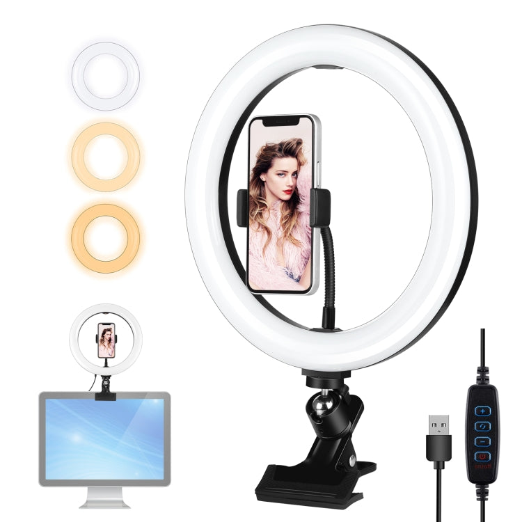 PULUZ 10.2 inch 26cm Ring Light + Monitor Clip USB 3 Modes Dimmable Dual Color Temperature LED Curved Diffuse Vlogging Selfie Beauty Photography Video Lights with Phone Clamp(Black) - Ring Light by PULUZ | Online Shopping UK | buy2fix