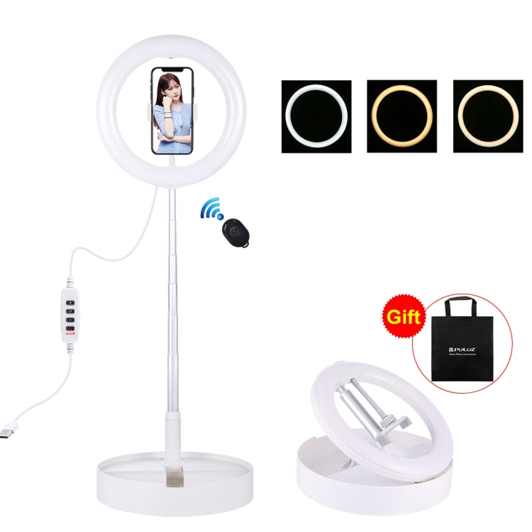 PULUZ 10.2 inch 26cm USB 3 Modes Dimmable Dual Color Temperature LED Curved  Ring Vlogging Selfie Photography Video Lights with Bluetooth Remote Shutter & Folding Desktop Holder & Phone Clamp(White) - Ring Light by PULUZ | Online Shopping UK | buy2fix