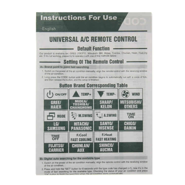 Chunghop K-1028E 1000 in 1 Universal A/C Remote Controller with Flashlight(White) - Consumer Electronics by CHUNGHOP | Online Shopping UK | buy2fix