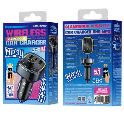 WK WP-C39 USB+USB-C/Type-C MP3 Bluetooth Car Fast Charger(Black) - In Car by WK | Online Shopping UK | buy2fix