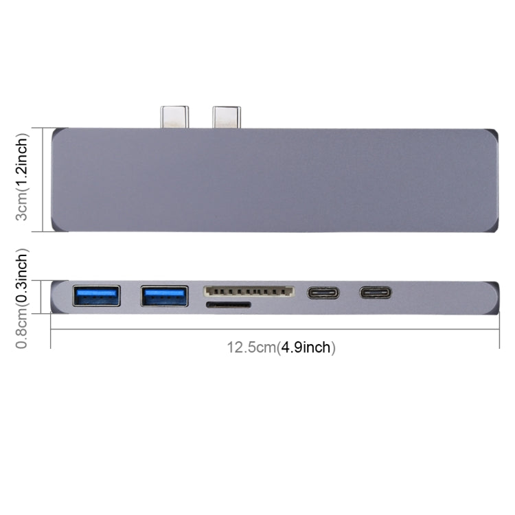 Multi-function Aluminium Alloy Dual USB-C / Type-C HUB Adapter with HDMI Female & 2 x USB 3.0 Ports & 2 x USB-C / Type-C Ports & SD Card Slot & TF Card Slot - Computer & Networking by buy2fix | Online Shopping UK | buy2fix