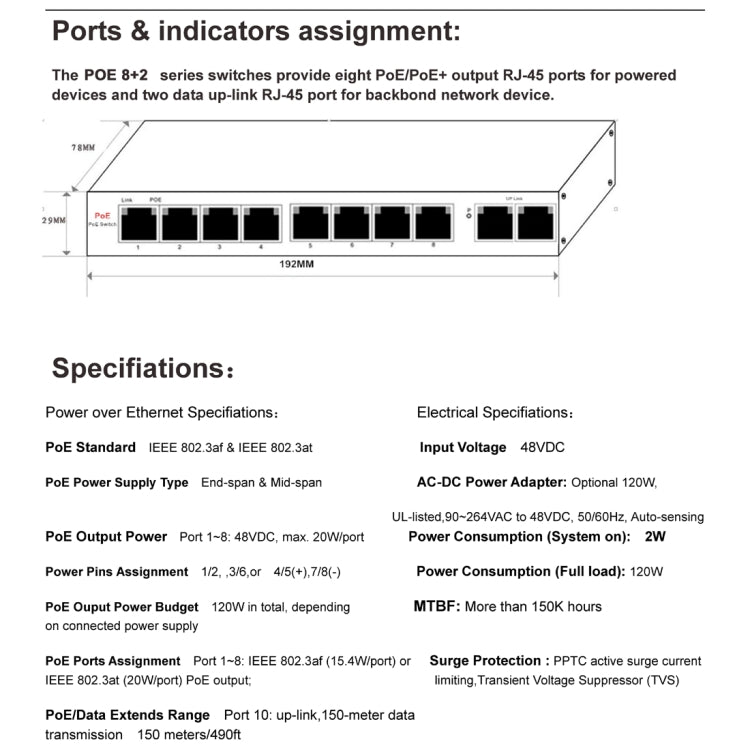 ESCAM POE 8+2 10-Port Fast Ethernet Switch 8-Port POE 10/100M 120W Network Switch, Transmission Distance: 150m(Blue) - Switch by ESCAM | Online Shopping UK | buy2fix