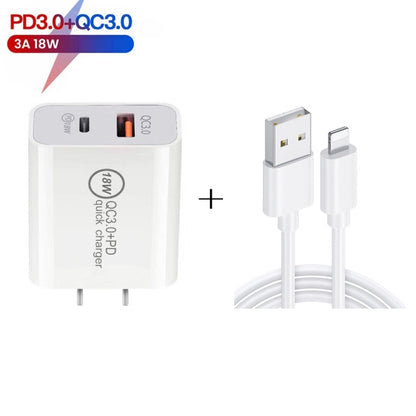 SDC-18W 18W PD 3.0 Type-C / USB-C + QC 3.0 USB Dual Fast Charging Universal Travel Charger with USB to 8 Pin Fast Charging Data Cable, US Plug - Mobile Accessories by buy2fix | Online Shopping UK | buy2fix