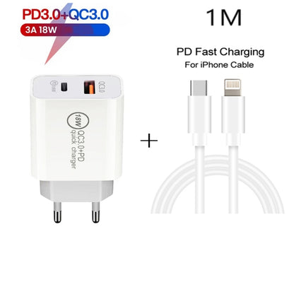 SDC-18W 18W PD 3.0 Type-C / USB-C + QC 3.0 USB Dual Fast Charging Universal Travel Charger with Type-C / USB-C to 8 Pin Fast Charging Data Cable, EU PLUG - USB Charger by buy2fix | Online Shopping UK | buy2fix