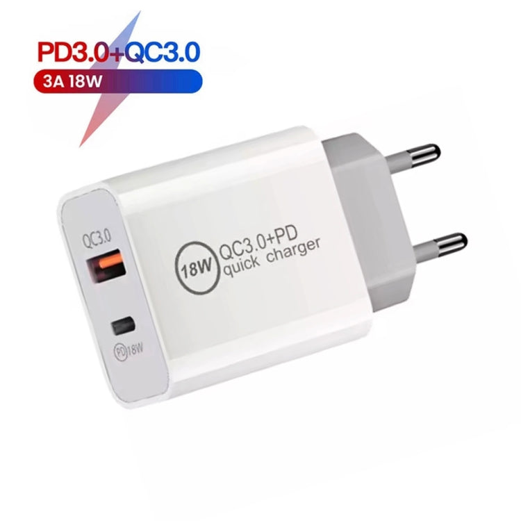 SDC-18W 18W PD 3.0 Type-C / USB-C + QC 3.0 USB Dual Fast Charging Universal Travel Charger with Type-C / USB-C to 8 Pin Fast Charging Data Cable, EU PLUG - USB Charger by buy2fix | Online Shopping UK | buy2fix