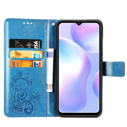 For Xiaomi Redmi 9A Four-leaf Clasp Embossed Buckle Horizontal Flip TPU + PU Leather Case with Lanyard & Card Slot & Wallet & Holder(Blue) - Xiaomi Cases by buy2fix | Online Shopping UK | buy2fix