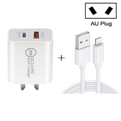 TCS-20WACA 20W PD Type-C + QC 3.0 USB Interface Fast Charging Travel Charger with USB to 8 Pin Fast Charge Data Cable AU Plug - USB Charger by buy2fix | Online Shopping UK | buy2fix