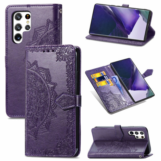 For Samsung Galaxy S22 Ultra 5G Mandala Flower Embossed Horizontal Flip Leather Case with Holder & Card Slots & Wallet & Lanyard(Purple) - Samsung Accessories by buy2fix | Online Shopping UK | buy2fix