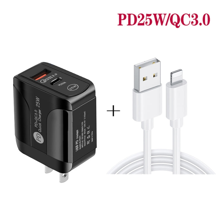 PD25W USB-C / Type-C + QC3.0 USB Dual Ports Fast Charger with USB to 8 Pin Data Cable, US Plug(White) - Apple Accessories by buy2fix | Online Shopping UK | buy2fix