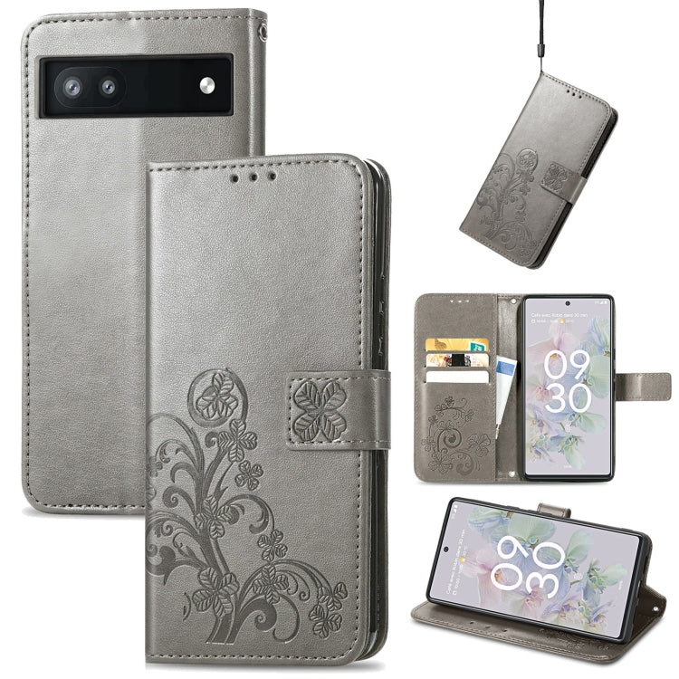 For Google Pixel 6a Four-leaf Clasp Embossed Buckle Leather Phone Case(Gray) - Google Cases by buy2fix | Online Shopping UK | buy2fix
