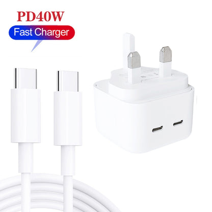 SDC-40W Dual PD USB-C / Type-C Ports Charger with 1m Type-C to Type-C Data Cable, UK Plug - Mobile Accessories by buy2fix | Online Shopping UK | buy2fix