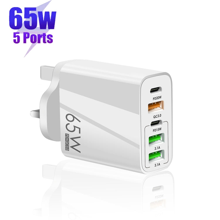 65W Dual PD Type-C + 3 x USB Multi Port Charger with 3A Type-C to Type-C Data Cable, UK Plug(White) - Mobile Accessories by buy2fix | Online Shopping UK | buy2fix